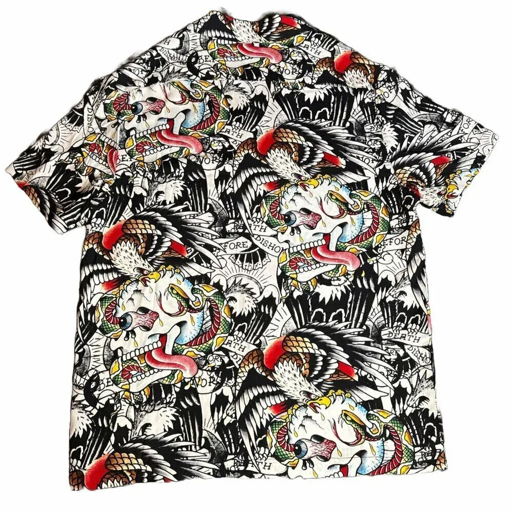 Ed Hardy Death before Dishonor Camp Button Up, New, Size Medium